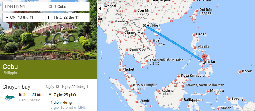 Bản đồ đường bay Hà Nội - Cebu, Philippines