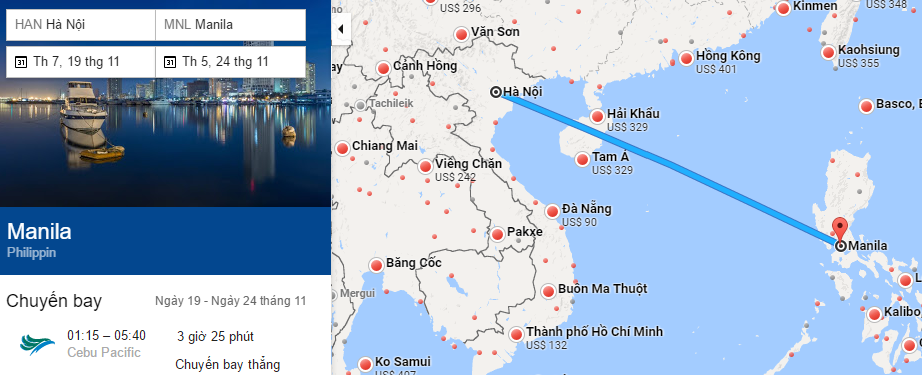 Bản đồ đường bay từ Hà Nội đi Manila